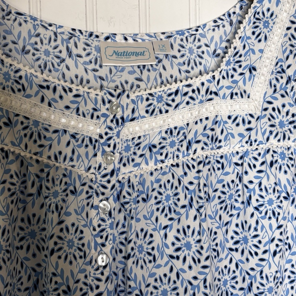 Vintage National Nightgown House Dress 1X Blue White Lace Bodice Ruffle Hem S/L - Picture 4 of 12
